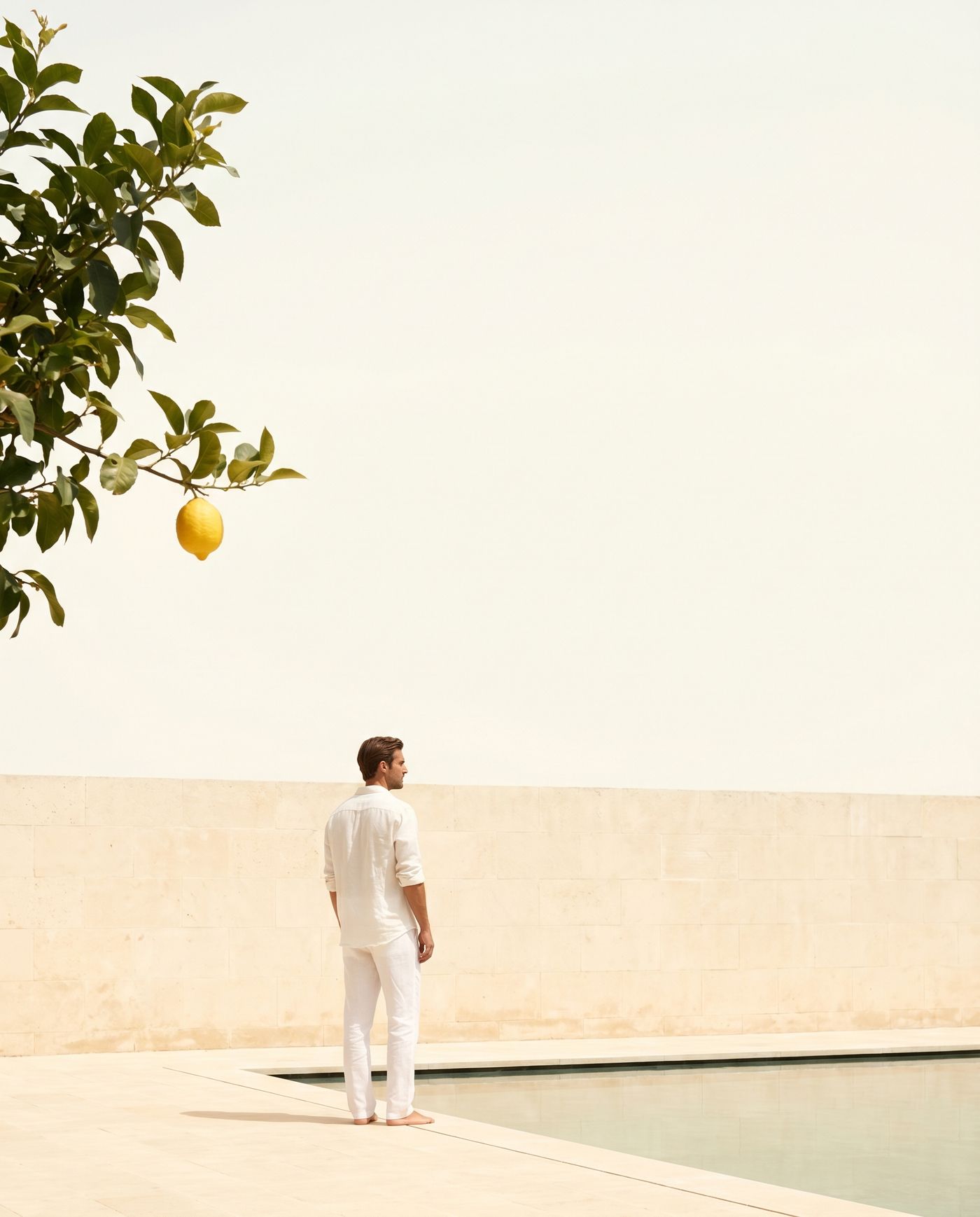 Homme en lin blanc au bord d&rsquo;une piscine, mur de pierre claire et branche de citronnier, plein soleil m&eacute;diterran&eacute;en
